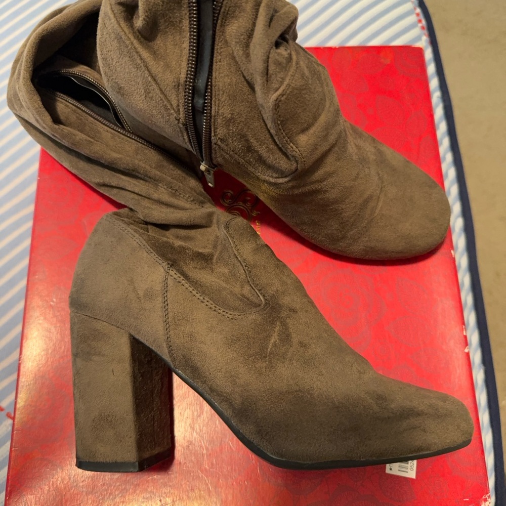Suede Knee-High, Heeled Boots - Taupe - Picture 1 of 5